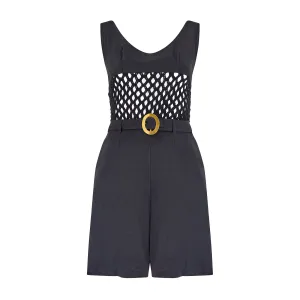 1965 Mary Quant Documented Black Playsuit with Crochet Bodice