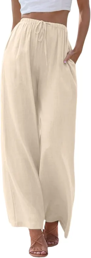 Aniywn Wide Leg Linen Pants for Women Capri Palazzo Pants Summer Flowy Casual Trousers with Pockets Beach Vacation Outfits