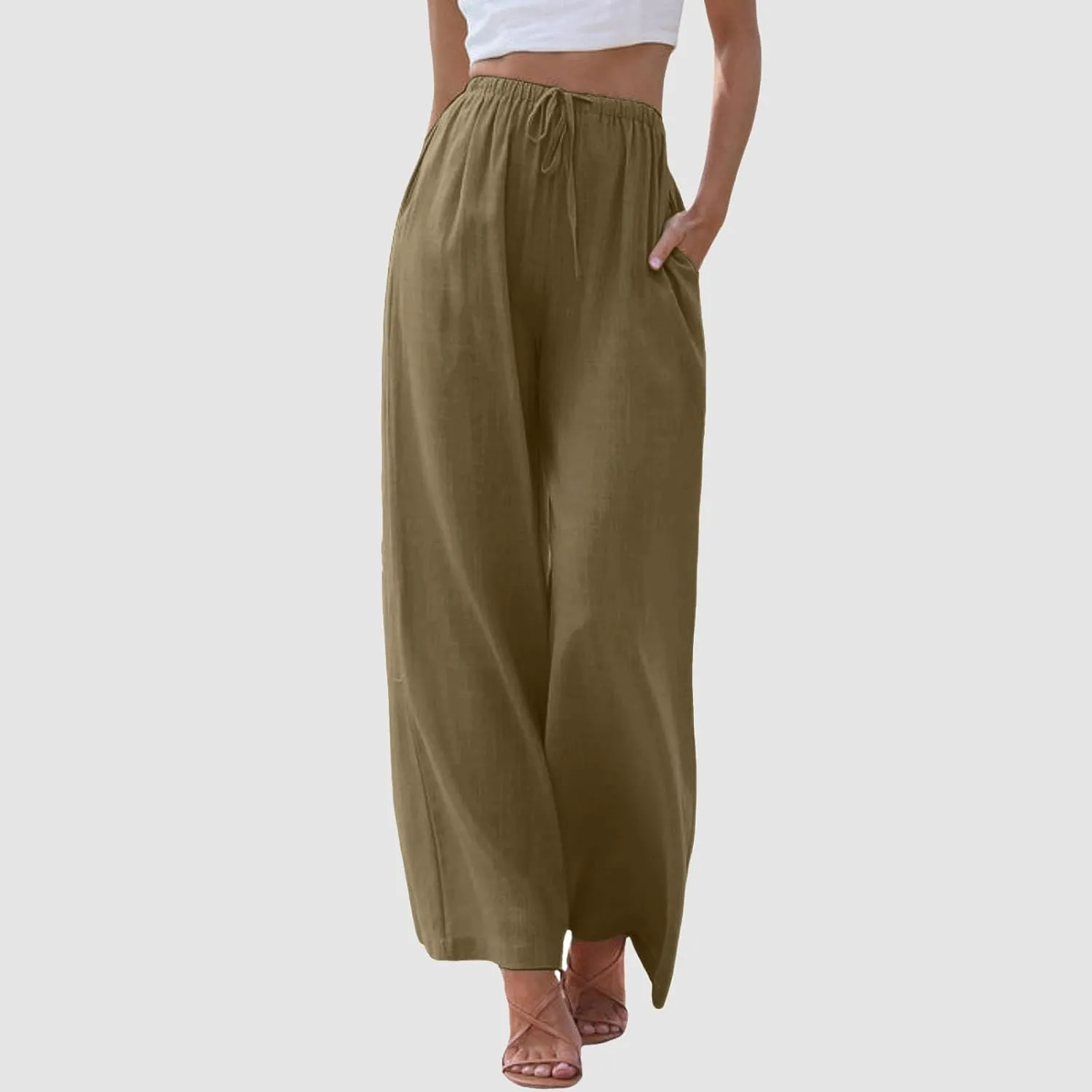 Aniywn Wide Leg Linen Pants for Women Capri Palazzo Pants Summer Flowy Casual Trousers with Pockets Beach Vacation Outfits