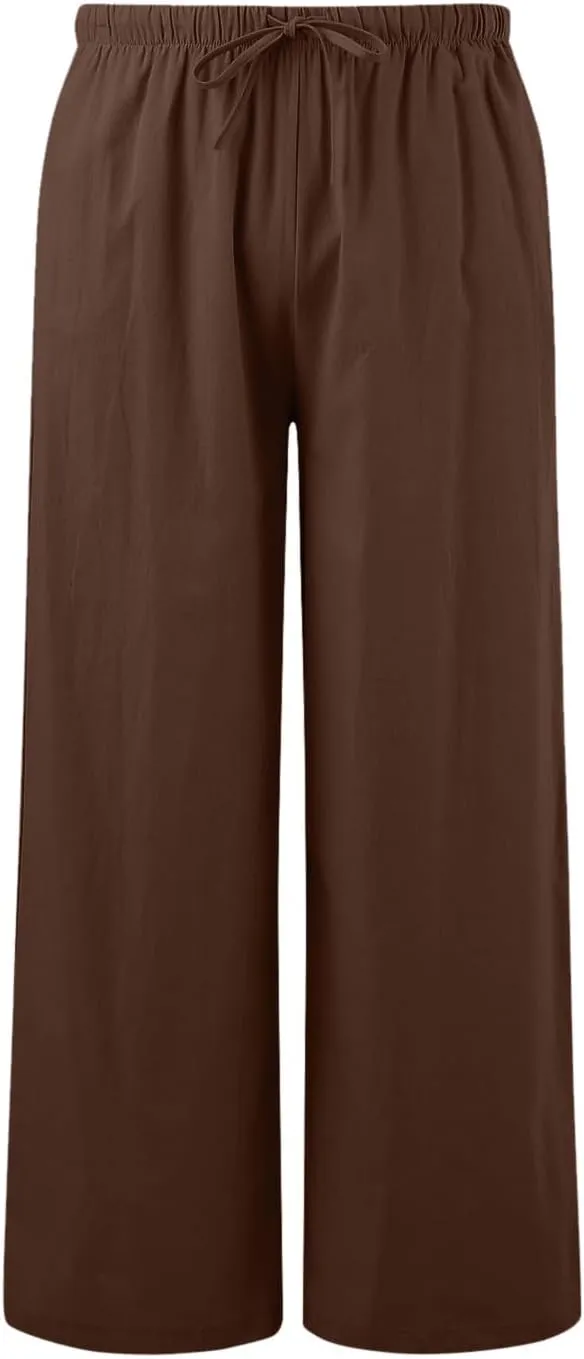 Aniywn Wide Leg Linen Pants for Women Capri Palazzo Pants Summer Flowy Casual Trousers with Pockets Beach Vacation Outfits