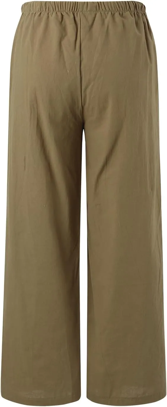 Aniywn Wide Leg Linen Pants for Women Capri Palazzo Pants Summer Flowy Casual Trousers with Pockets Beach Vacation Outfits