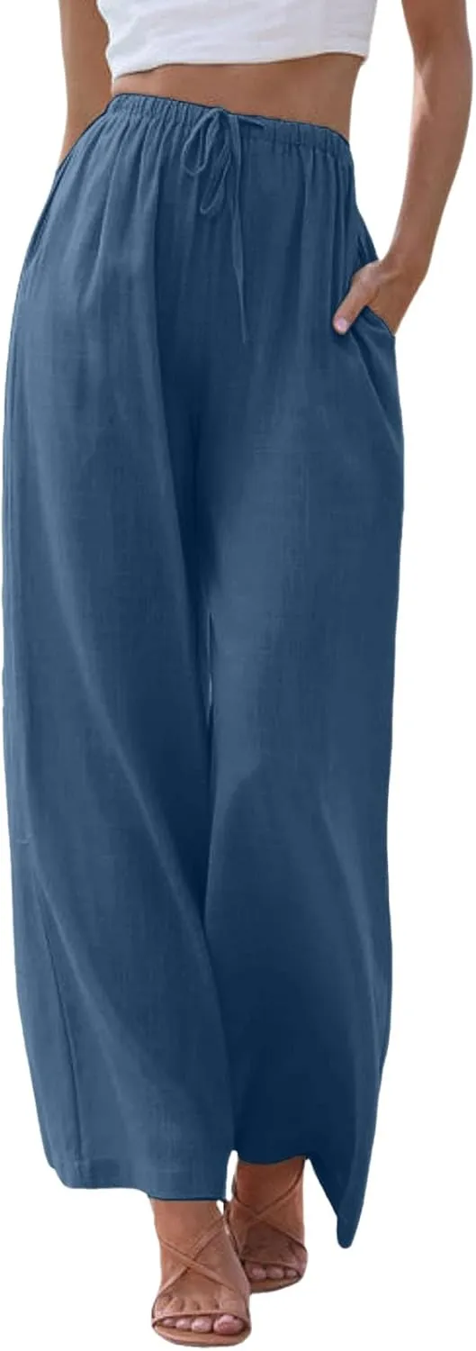 Aniywn Wide Leg Linen Pants for Women Capri Palazzo Pants Summer Flowy Casual Trousers with Pockets Beach Vacation Outfits