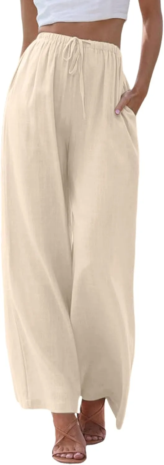 Aniywn Wide Leg Linen Pants for Women Capri Palazzo Pants Summer Flowy Casual Trousers with Pockets Beach Vacation Outfits