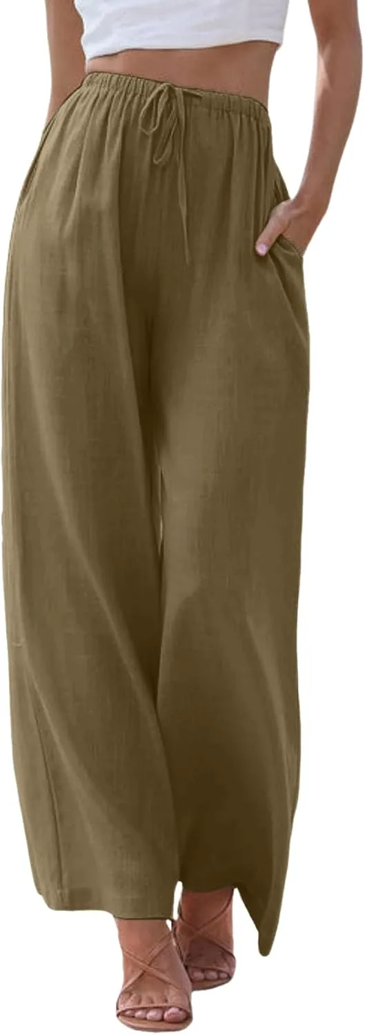 Aniywn Wide Leg Linen Pants for Women Capri Palazzo Pants Summer Flowy Casual Trousers with Pockets Beach Vacation Outfits