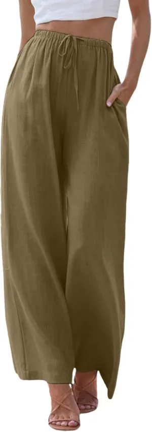 Aniywn Wide Leg Linen Pants for Women Capri Palazzo Pants Summer Flowy Casual Trousers with Pockets Beach Vacation Outfits
