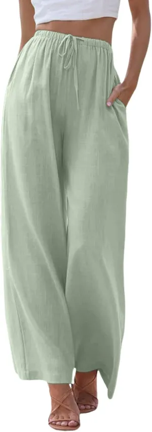 Aniywn Wide Leg Linen Pants for Women Capri Palazzo Pants Summer Flowy Casual Trousers with Pockets Beach Vacation Outfits
