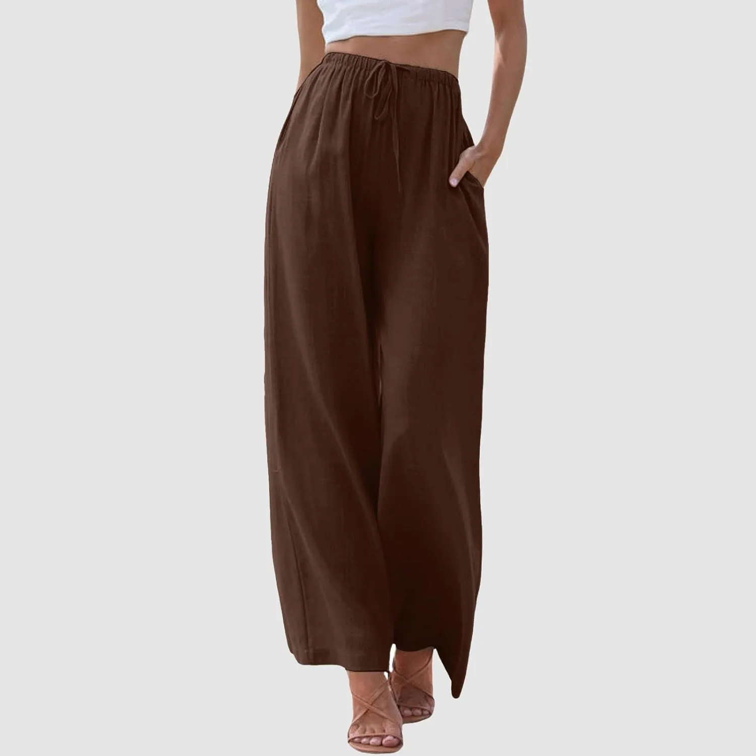 Aniywn Wide Leg Linen Pants for Women Capri Palazzo Pants Summer Flowy Casual Trousers with Pockets Beach Vacation Outfits