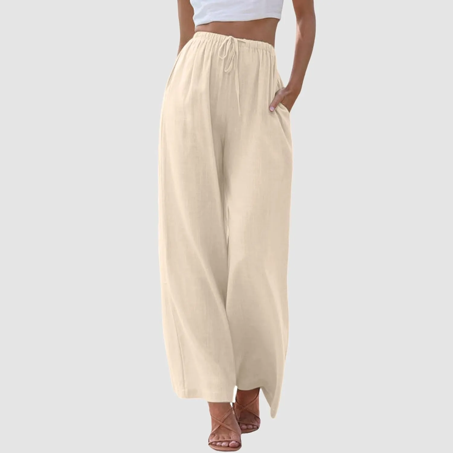 Aniywn Wide Leg Linen Pants for Women Capri Palazzo Pants Summer Flowy Casual Trousers with Pockets Beach Vacation Outfits