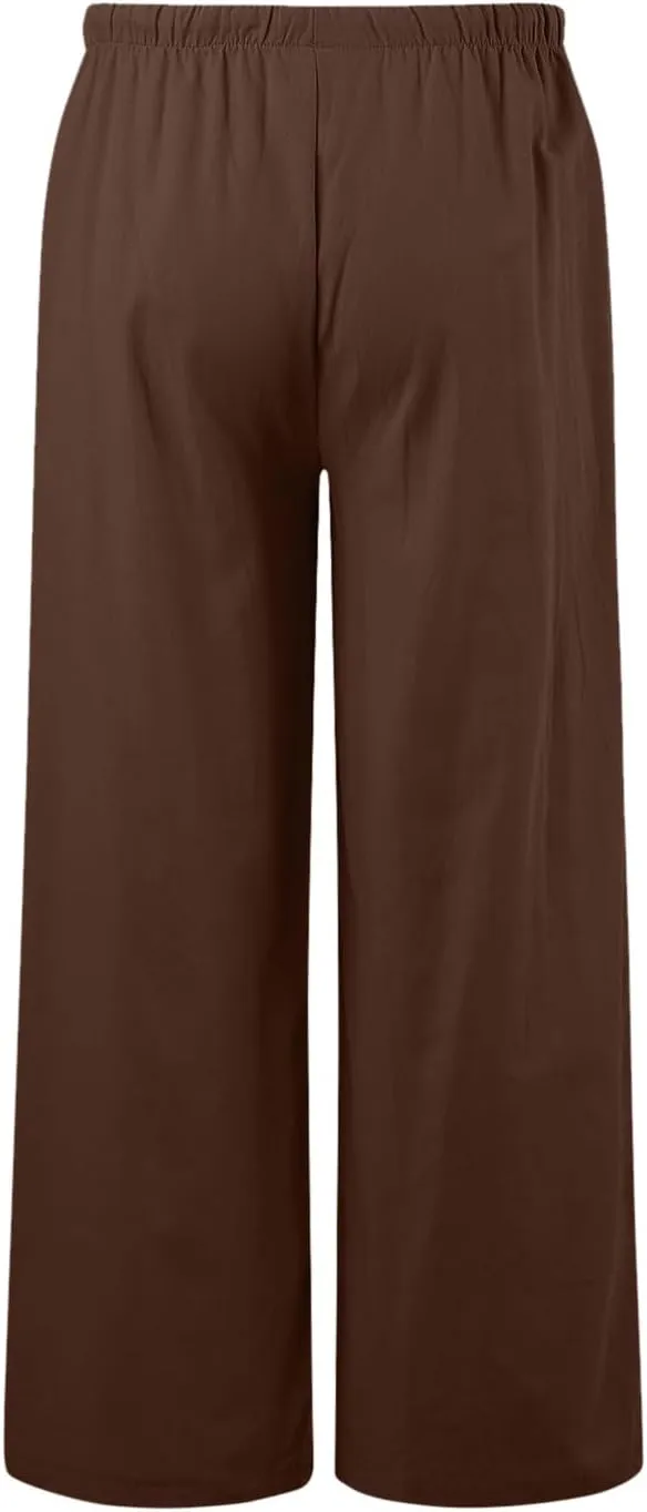 Aniywn Wide Leg Linen Pants for Women Capri Palazzo Pants Summer Flowy Casual Trousers with Pockets Beach Vacation Outfits