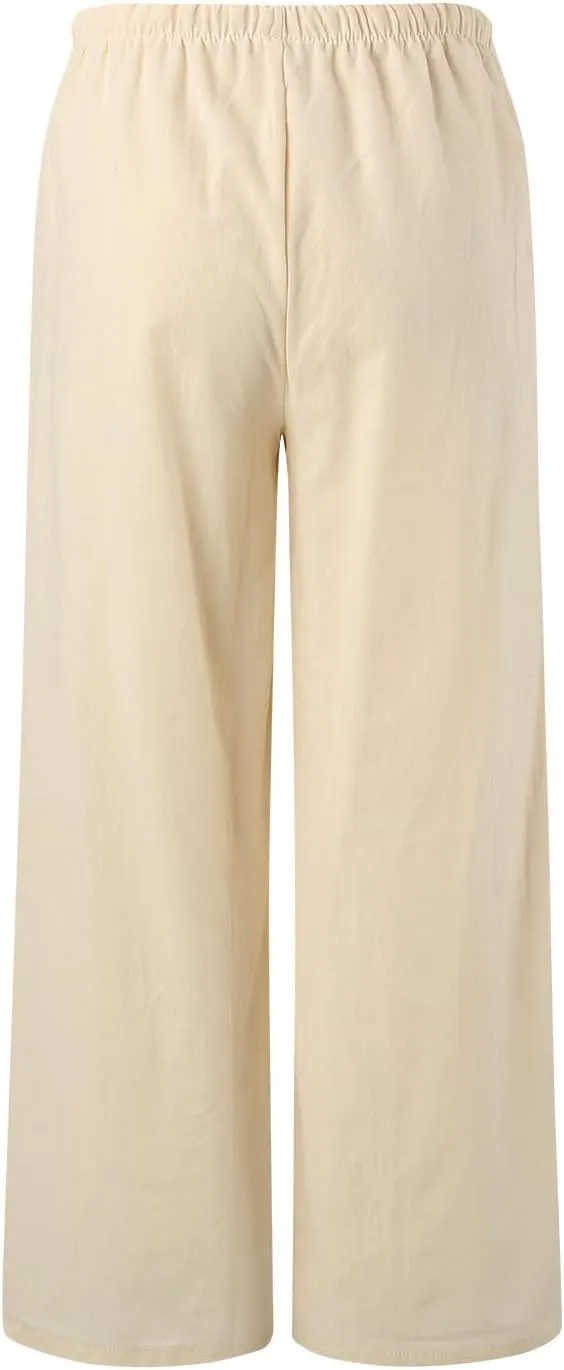 Aniywn Wide Leg Linen Pants for Women Capri Palazzo Pants Summer Flowy Casual Trousers with Pockets Beach Vacation Outfits