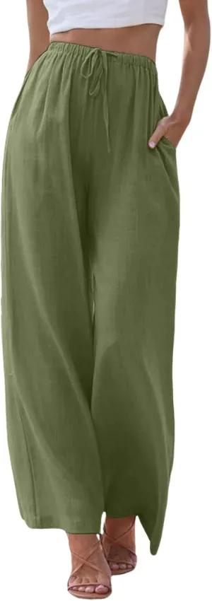 Aniywn Wide Leg Linen Pants for Women Capri Palazzo Pants Summer Flowy Casual Trousers with Pockets Beach Vacation Outfits
