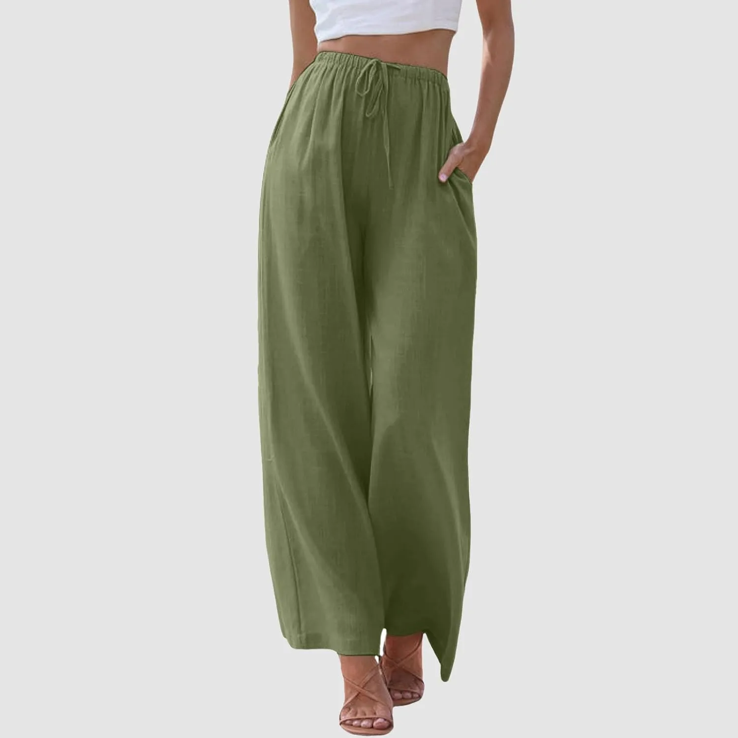Aniywn Wide Leg Linen Pants for Women Capri Palazzo Pants Summer Flowy Casual Trousers with Pockets Beach Vacation Outfits