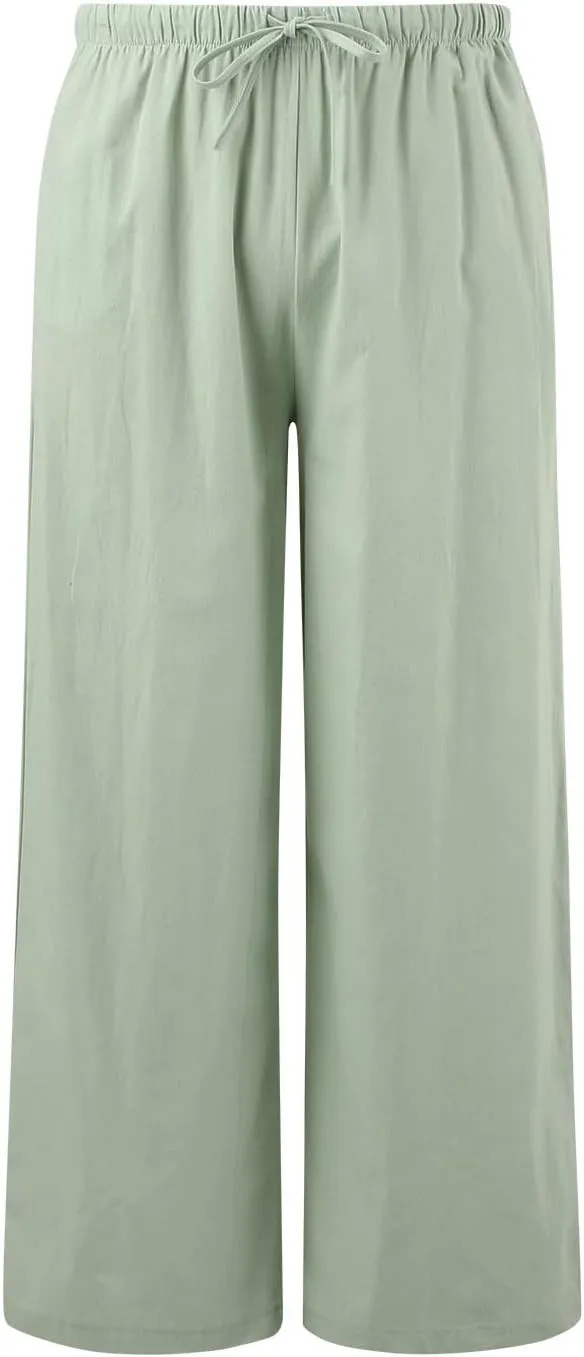 Aniywn Wide Leg Linen Pants for Women Capri Palazzo Pants Summer Flowy Casual Trousers with Pockets Beach Vacation Outfits