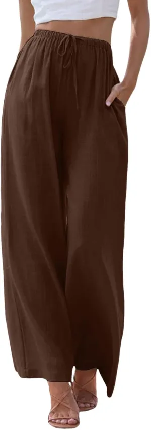 Aniywn Wide Leg Linen Pants for Women Capri Palazzo Pants Summer Flowy Casual Trousers with Pockets Beach Vacation Outfits