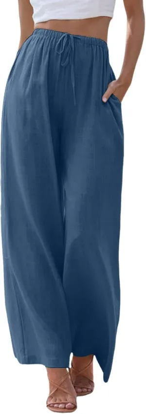 Aniywn Wide Leg Linen Pants for Women Capri Palazzo Pants Summer Flowy Casual Trousers with Pockets Beach Vacation Outfits
