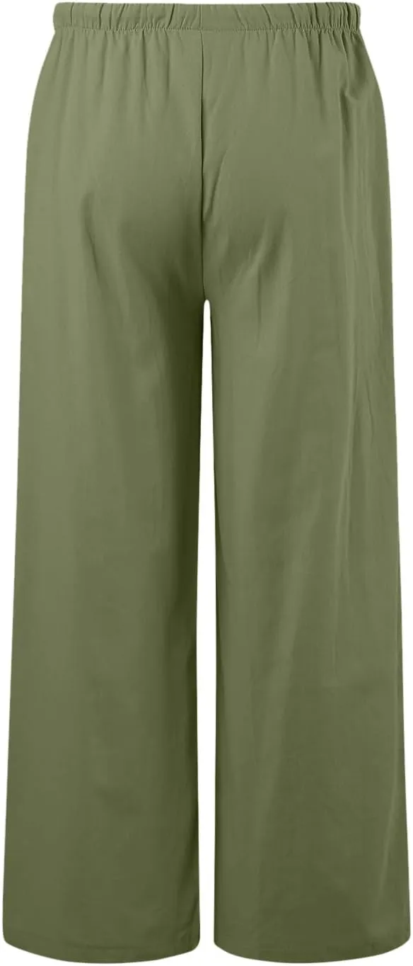 Aniywn Wide Leg Linen Pants for Women Capri Palazzo Pants Summer Flowy Casual Trousers with Pockets Beach Vacation Outfits