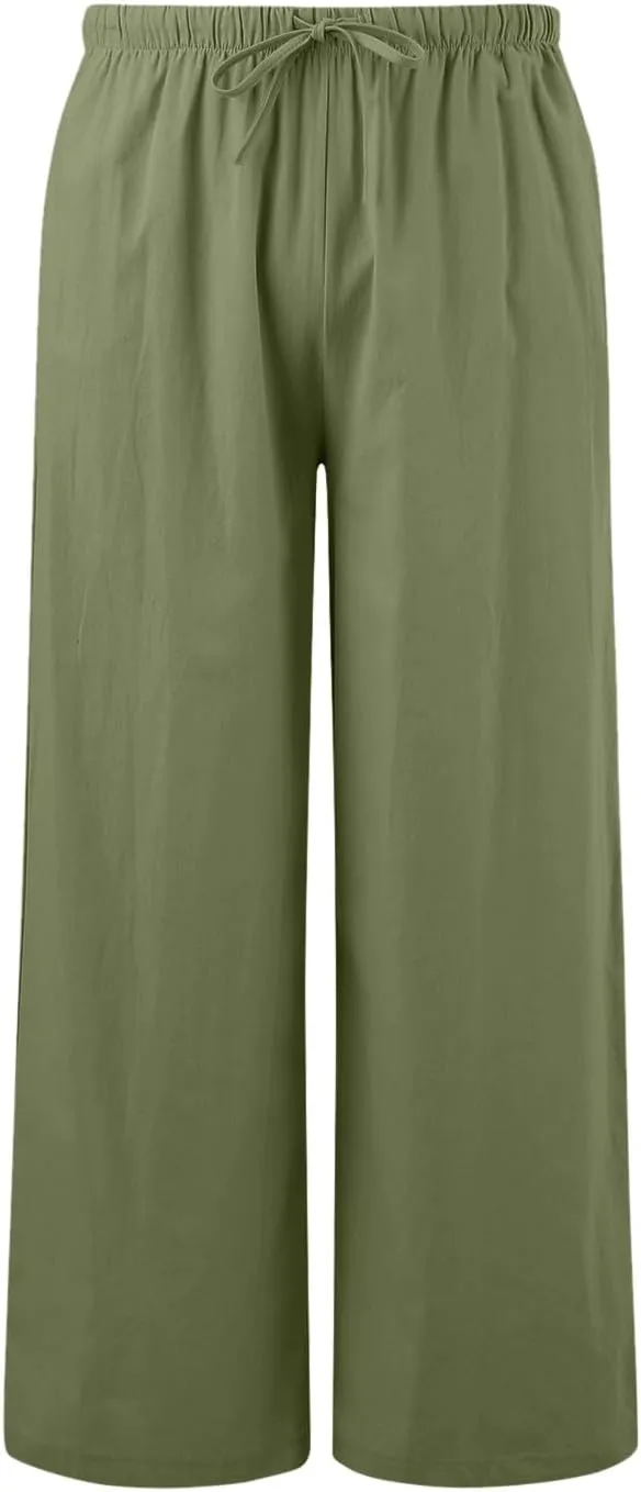 Aniywn Wide Leg Linen Pants for Women Capri Palazzo Pants Summer Flowy Casual Trousers with Pockets Beach Vacation Outfits
