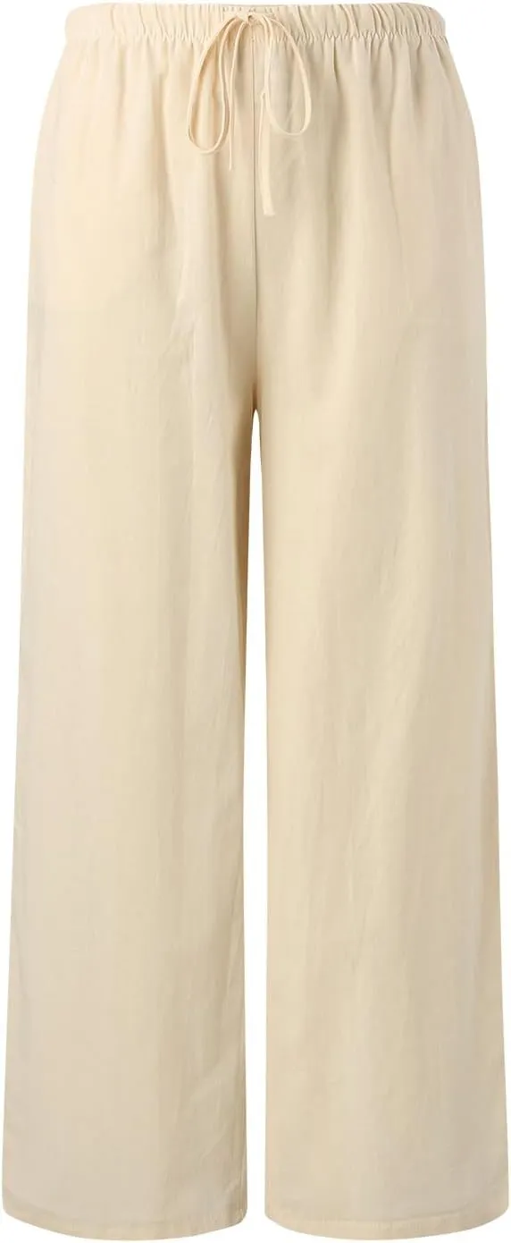 Aniywn Wide Leg Linen Pants for Women Capri Palazzo Pants Summer Flowy Casual Trousers with Pockets Beach Vacation Outfits