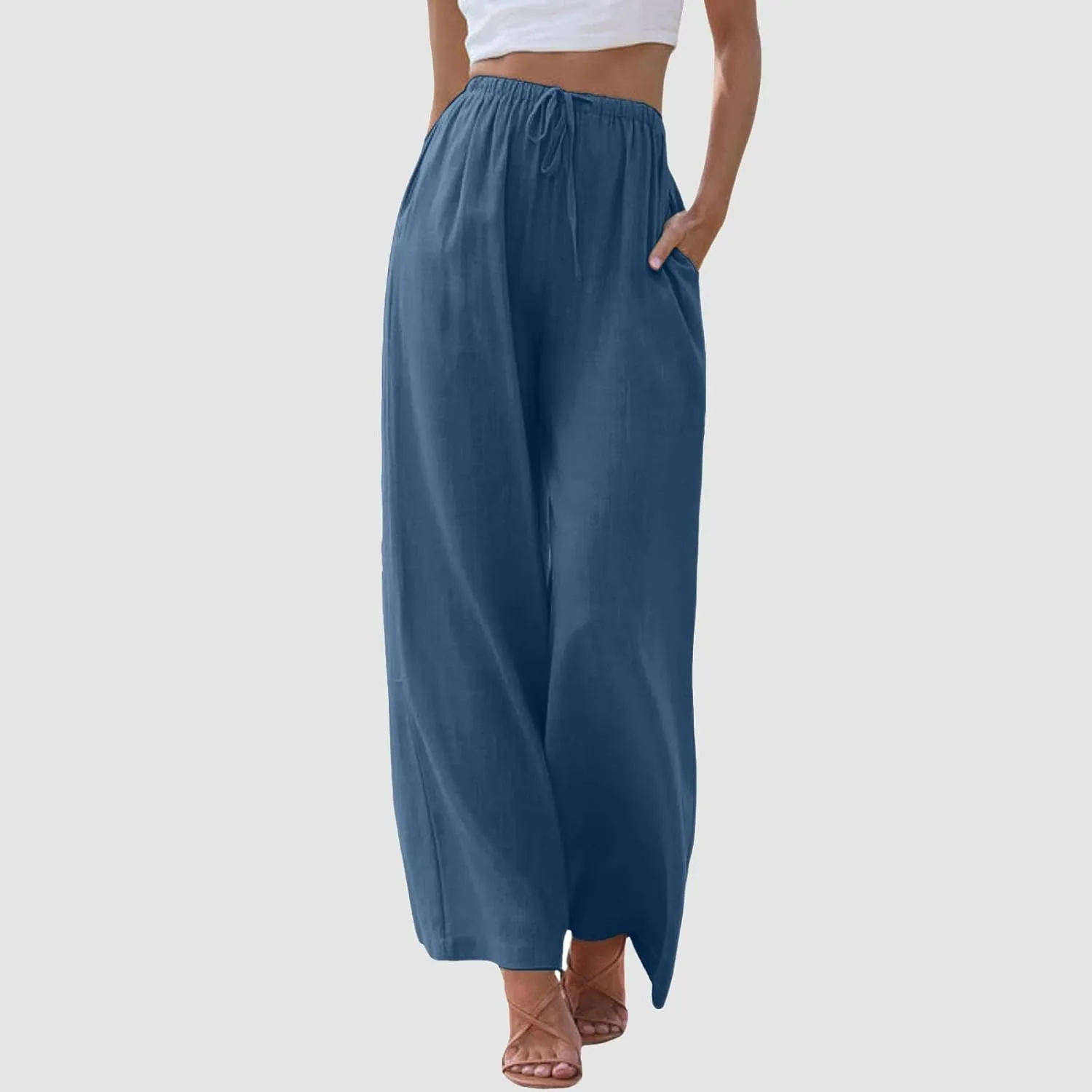 Aniywn Wide Leg Linen Pants for Women Capri Palazzo Pants Summer Flowy Casual Trousers with Pockets Beach Vacation Outfits