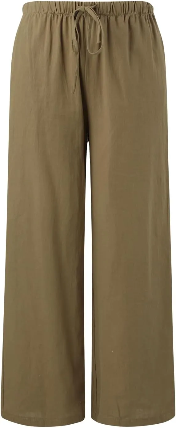 Aniywn Wide Leg Linen Pants for Women Capri Palazzo Pants Summer Flowy Casual Trousers with Pockets Beach Vacation Outfits