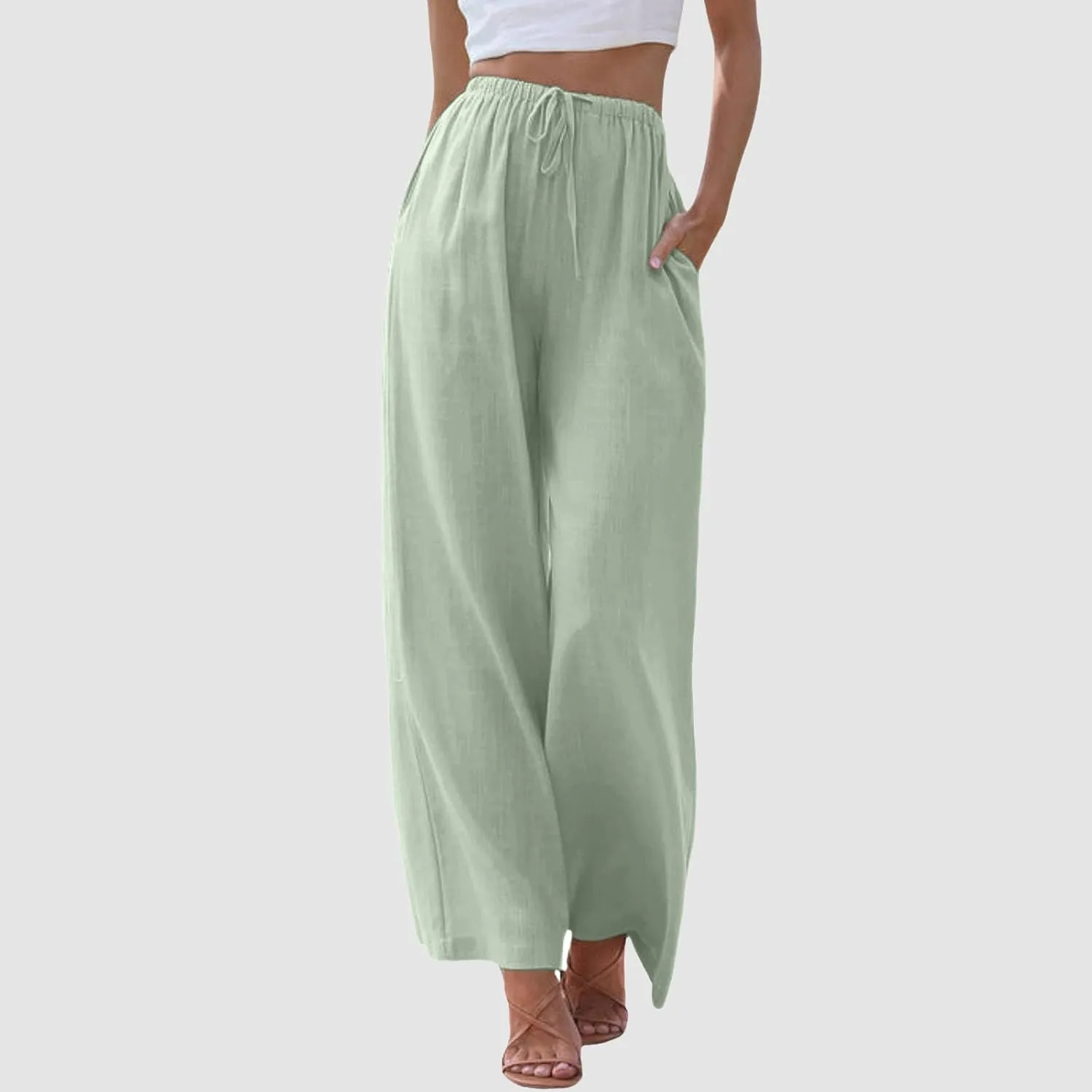 Aniywn Wide Leg Linen Pants for Women Capri Palazzo Pants Summer Flowy Casual Trousers with Pockets Beach Vacation Outfits