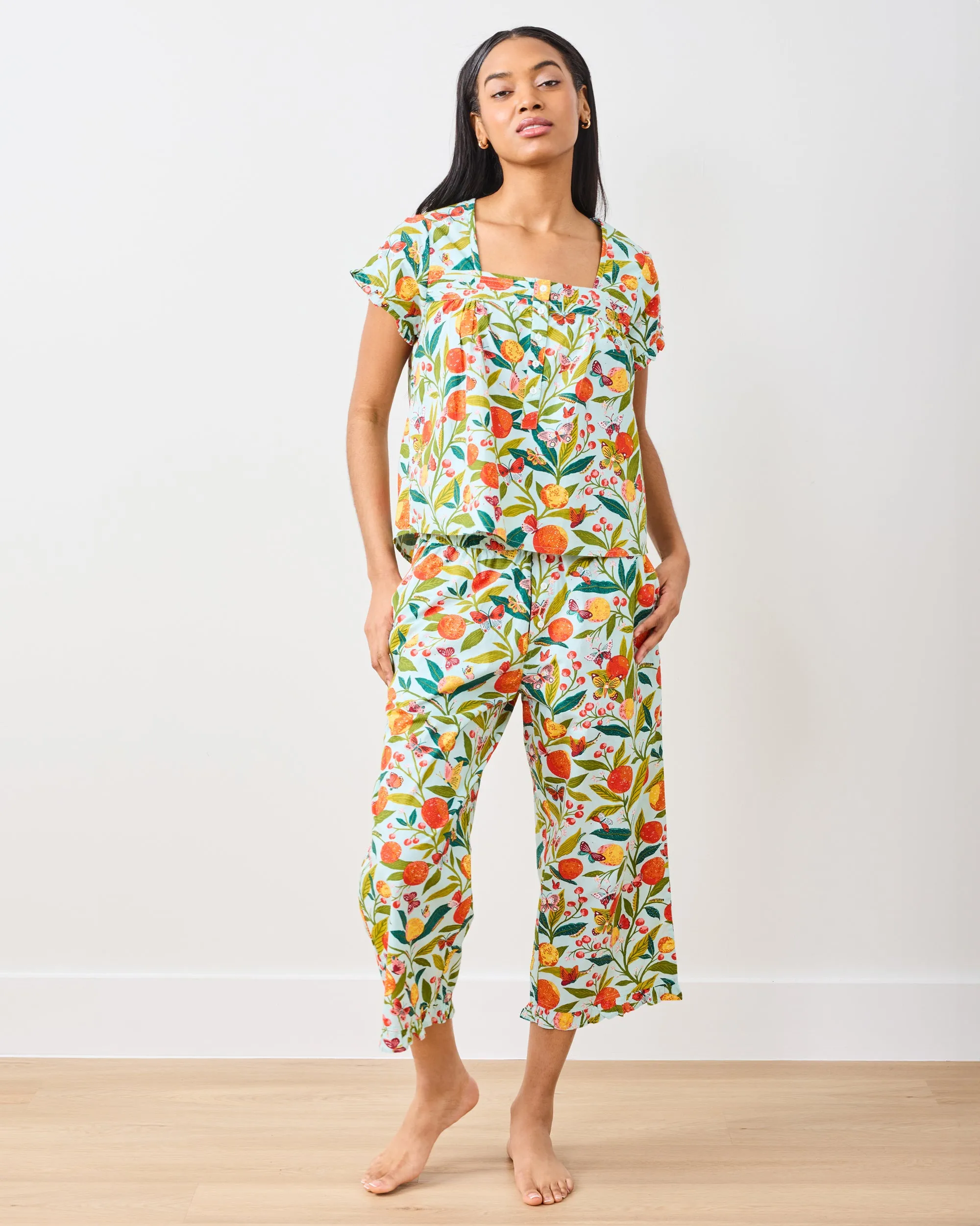 Butterfly Grove - Pintuck Cropped Pant Set - Soft Blue
