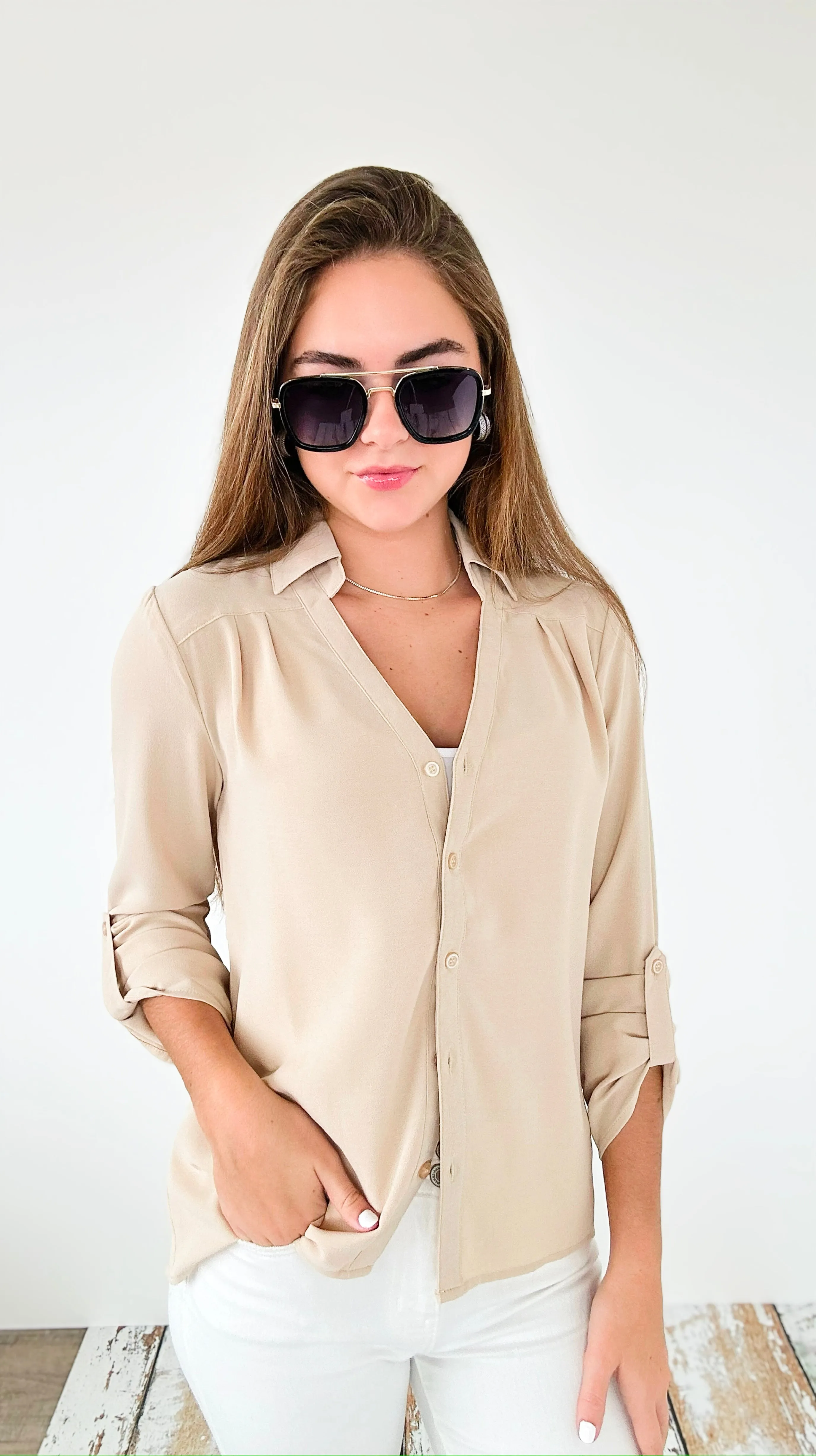 Classic Breeze Roll-Tab Blouse Top - Beige