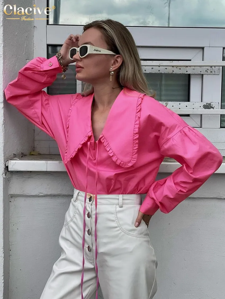 deanwangkt Sexy Loose Pink Shirts For Women Fashion Doll Collar Long Sleeve Office Lady Blouses Elegant Classic Top Female Clohting