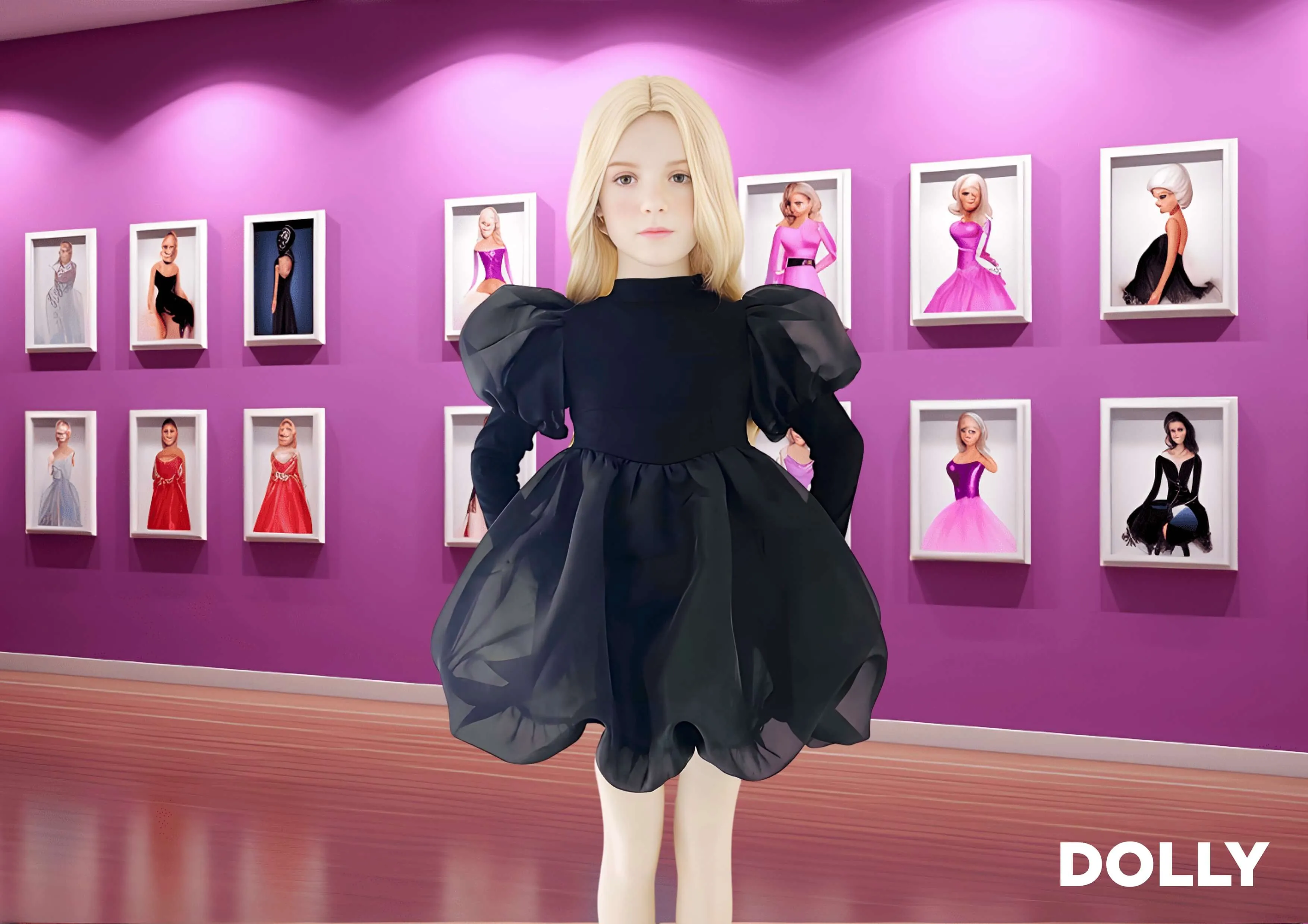 DOLLY WORLD PUFF LONG SLEEVE BALLOON ORGANZA DRESS WITH COTTON BODY black