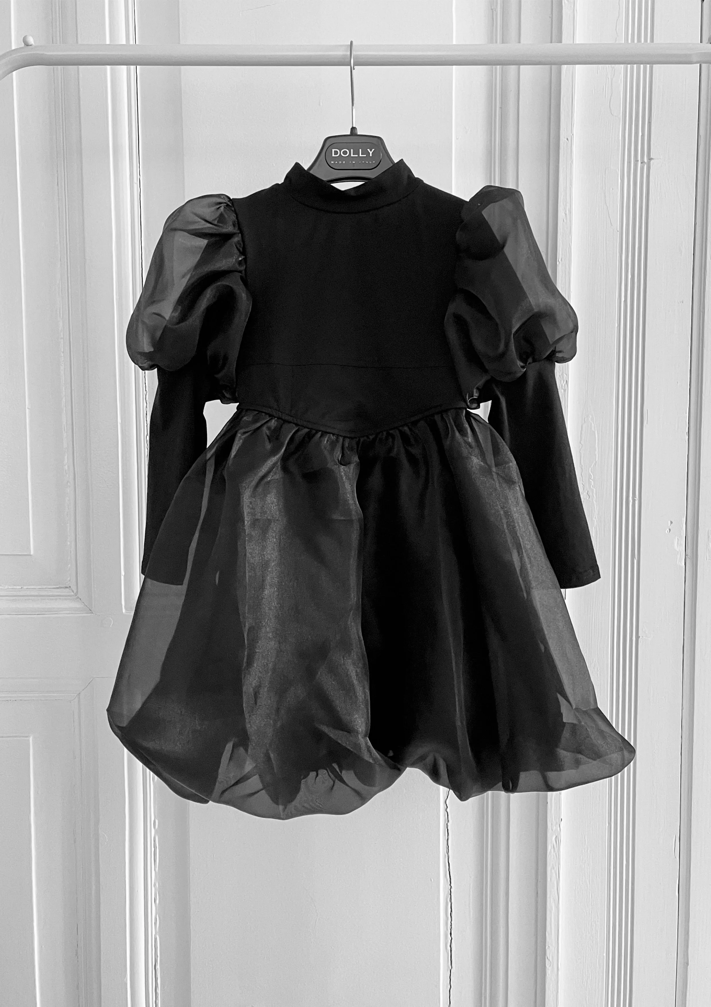 DOLLY WORLD PUFF LONG SLEEVE BALLOON ORGANZA DRESS WITH COTTON BODY black