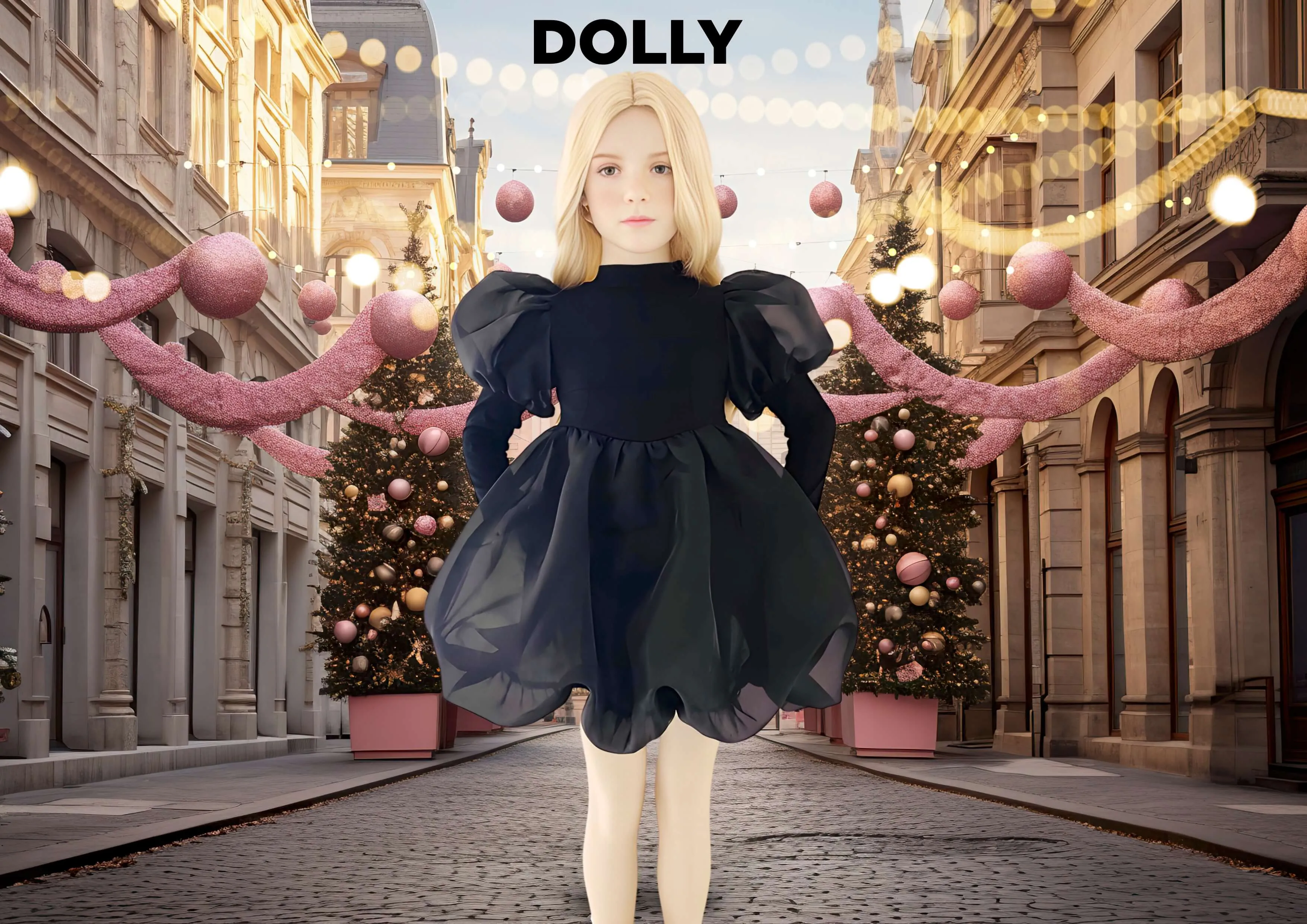 DOLLY WORLD PUFF LONG SLEEVE BALLOON ORGANZA DRESS WITH COTTON BODY black