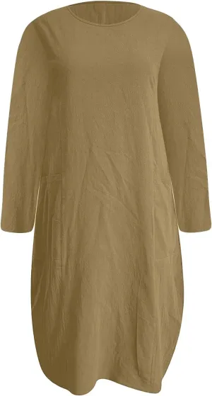 Dresses for Women 2024,Summer Casual Loose Long Top Crewneck 3/4 Sleeve Solid Lightweight Plus Size Dress with Pocket