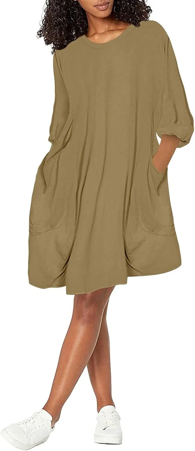 Dresses for Women 2024,Summer Casual Loose Long Top Crewneck 3/4 Sleeve Solid Lightweight Plus Size Dress with Pocket