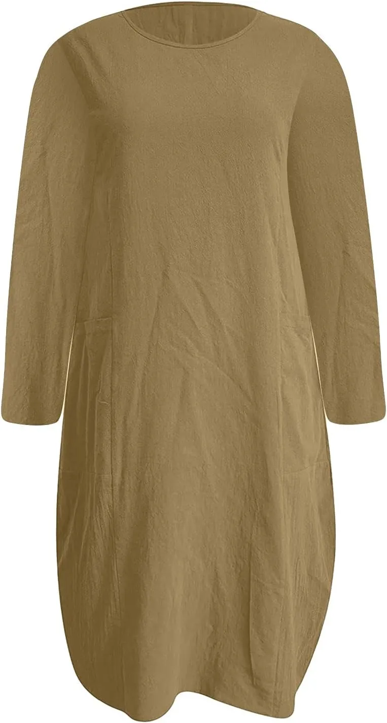 Dresses for Women 2024,Summer Casual Loose Long Top Crewneck 3/4 Sleeve Solid Lightweight Plus Size Dress with Pocket