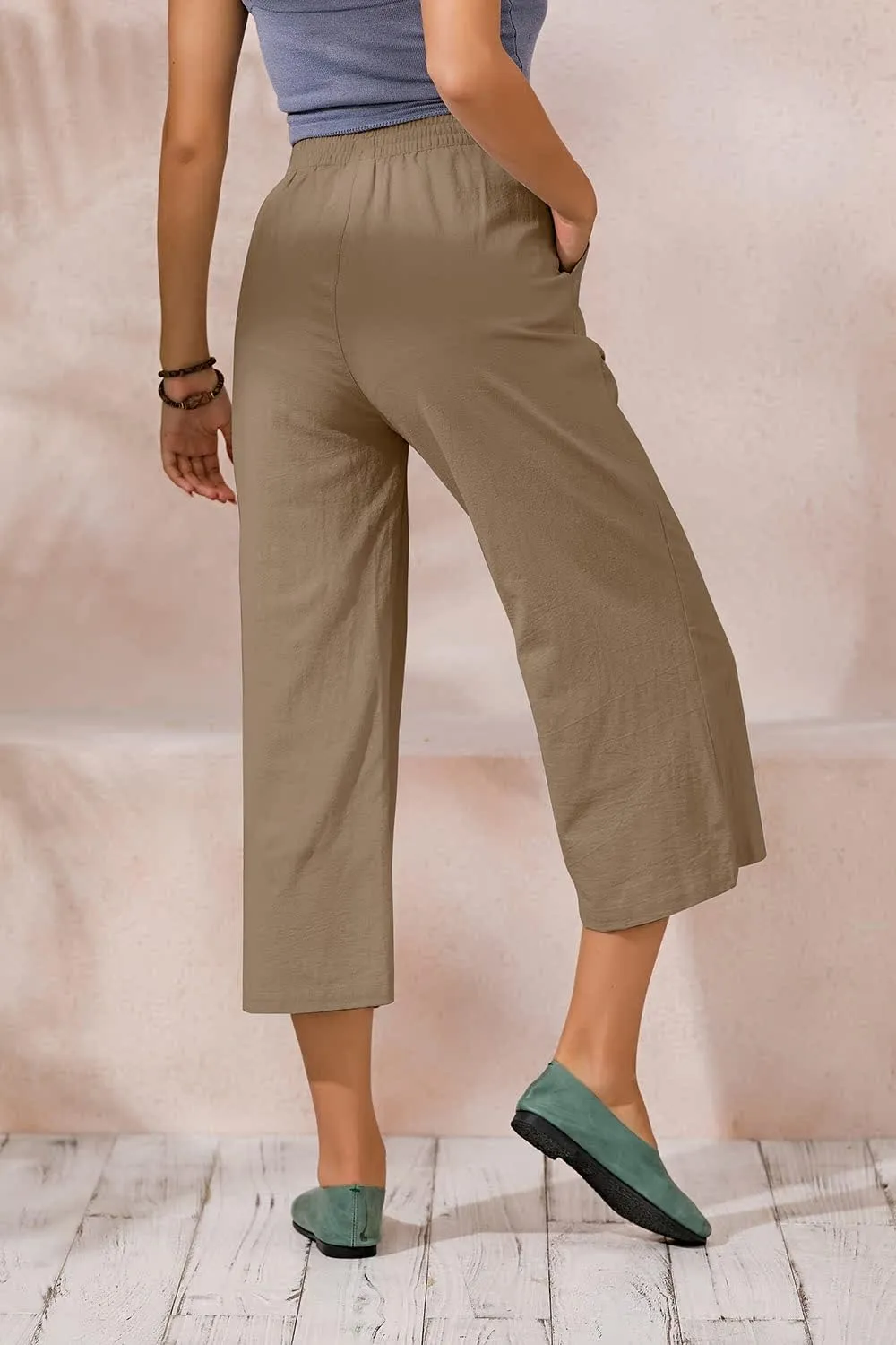 ECUPPER Womens Cotton Cropped Pants Loose Fit Wide Leg Capri Casual Plus Size Elastic Waist Trousers