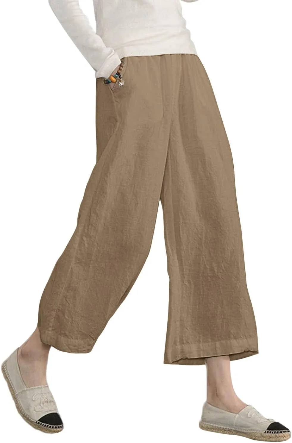 ECUPPER Womens Cotton Cropped Pants Loose Fit Wide Leg Capri Casual Plus Size Elastic Waist Trousers