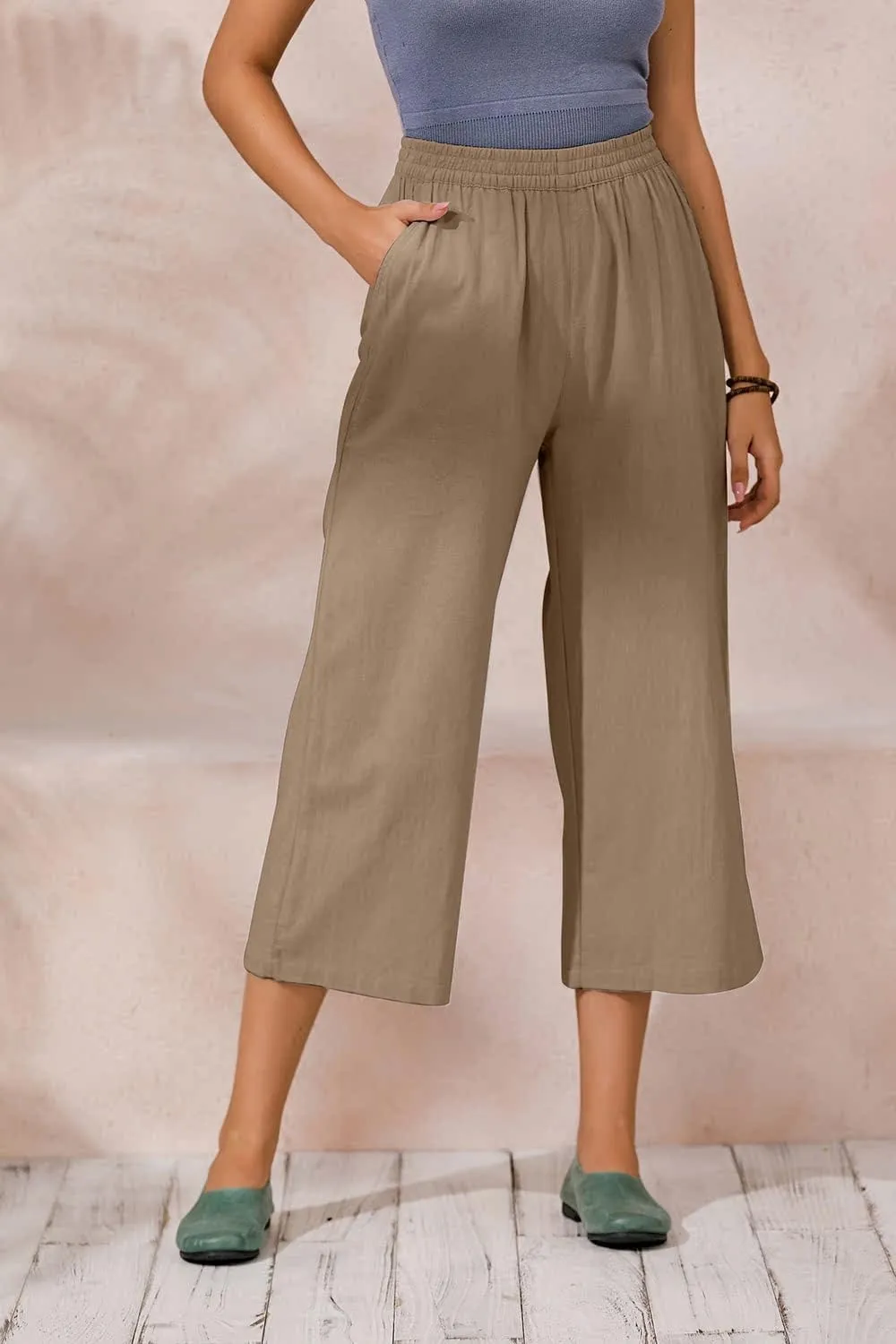 ECUPPER Womens Cotton Cropped Pants Loose Fit Wide Leg Capri Casual Plus Size Elastic Waist Trousers
