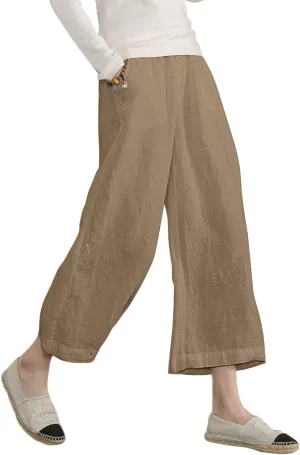 ECUPPER Womens Cotton Cropped Pants Loose Fit Wide Leg Capri Casual Plus Size Elastic Waist Trousers