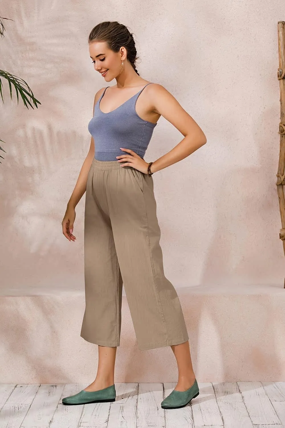 ECUPPER Womens Cotton Cropped Pants Loose Fit Wide Leg Capri Casual Plus Size Elastic Waist Trousers