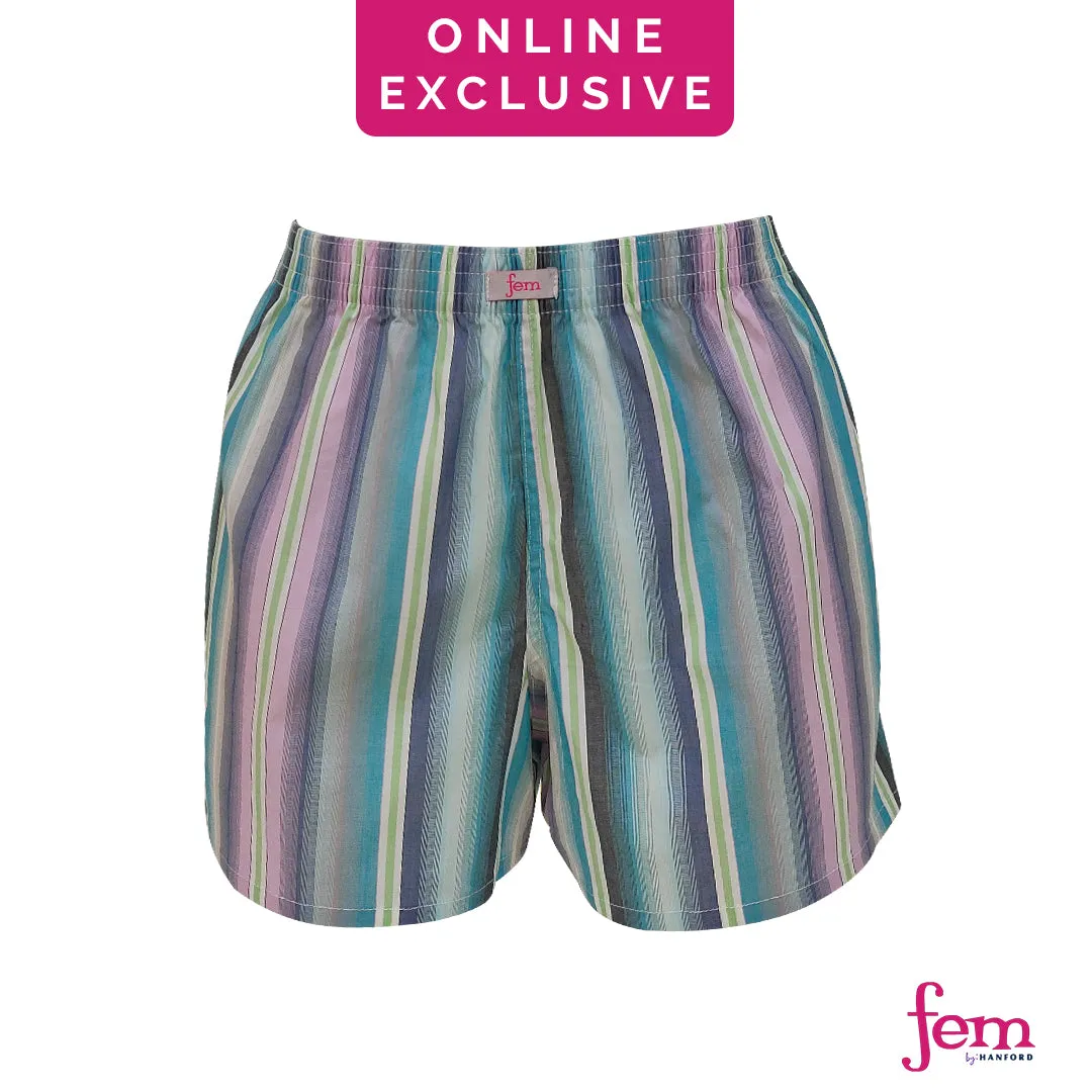 Fem by Hanford Ladies Women 100% Premium Cotton Woven Comfy Sleep Lounge Boxer Shorts Stripe FW2 (1PC)