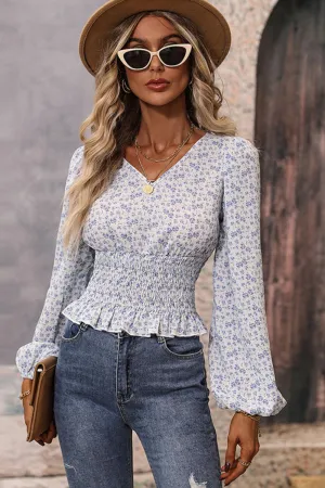 Floral V-Neck Smocked Balloon Sleeve Blouse