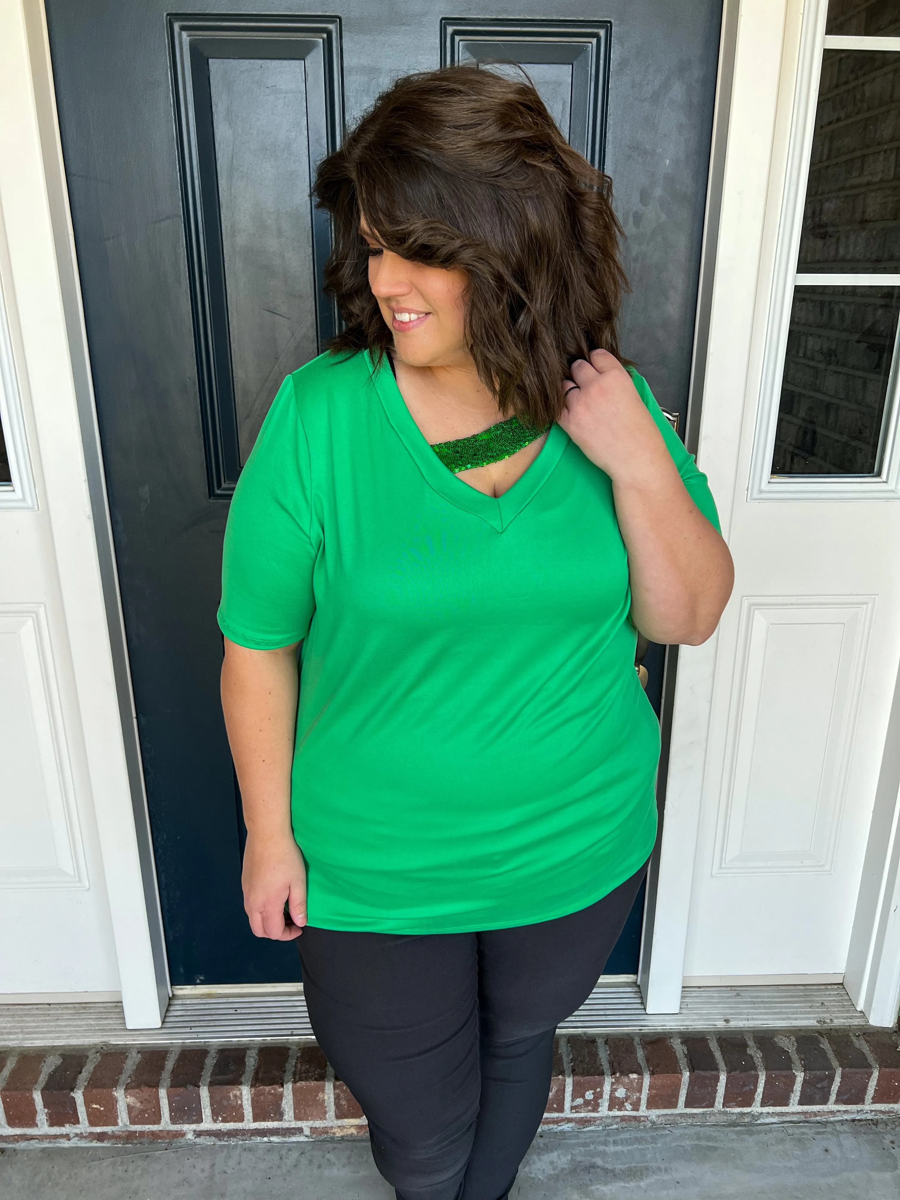 Green with Sequin Accent Short Sleeve Top