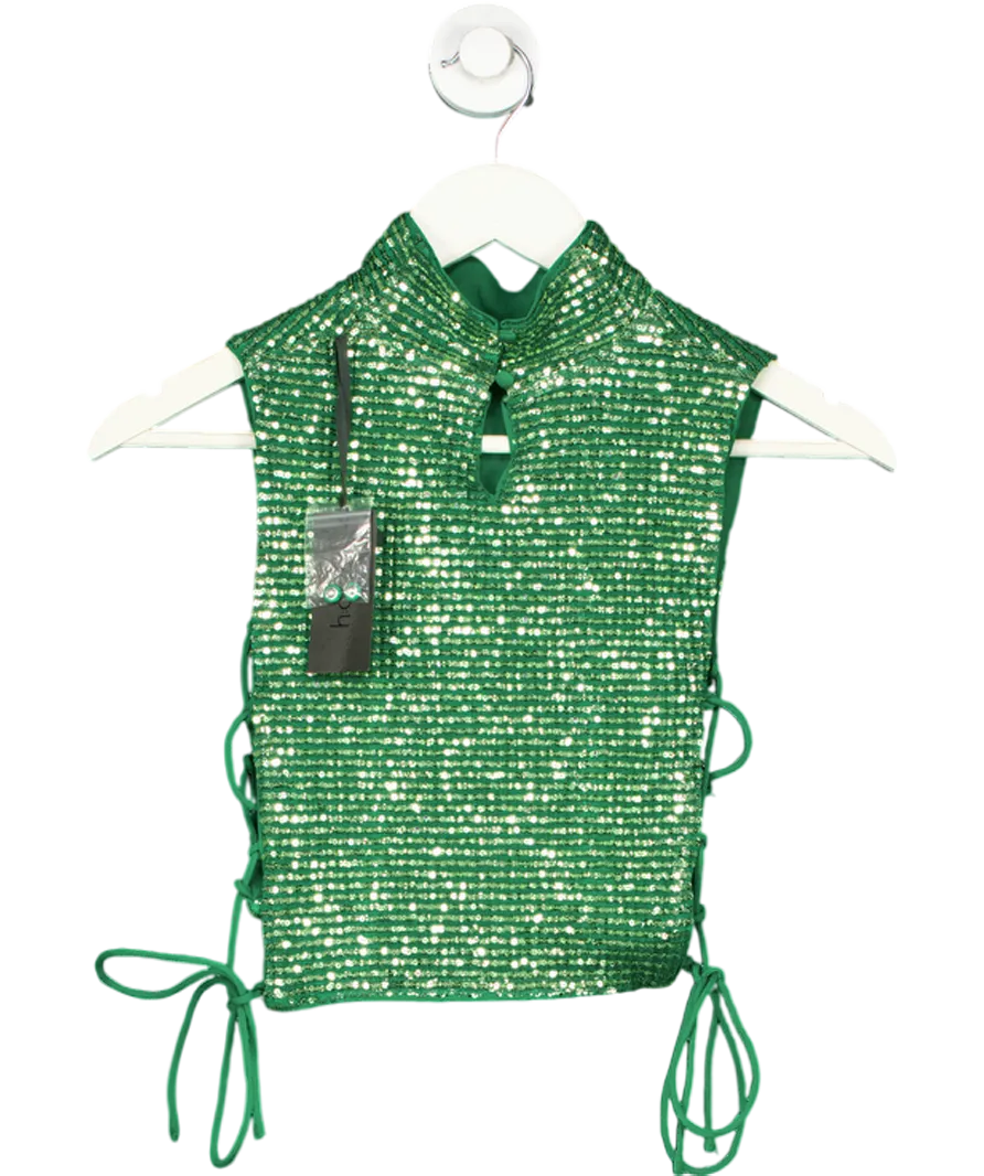 h:ours Green Sequin 21 Tie Side Crop Top UK S