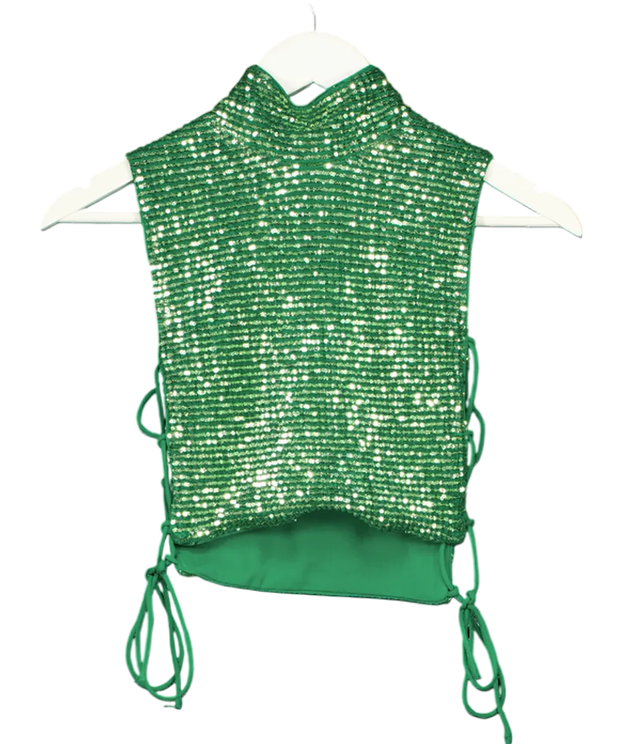 h:ours Green Sequin 21 Tie Side Crop Top UK S