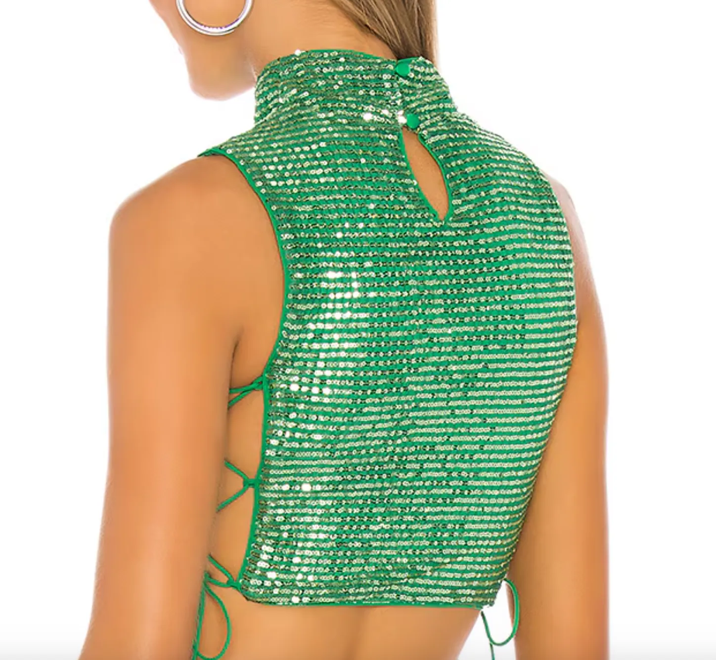 h:ours Green Sequin 21 Tie Side Crop Top UK S