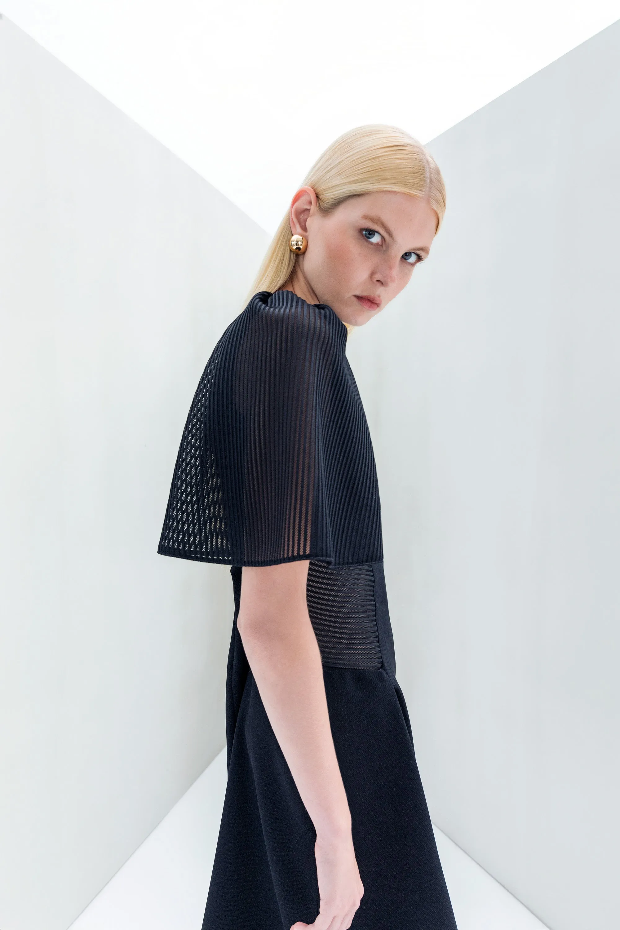 Kameya Black Assymetric Sleeve Midi Dress