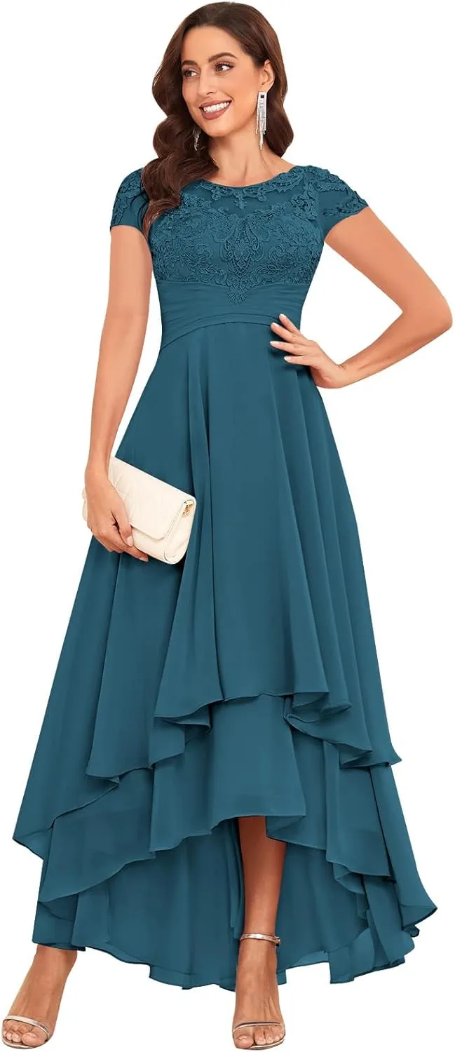 Lace Applique Mother of The Bride Dresses for Wedding Tea Length Chiffon A Line Formal Evening Gown