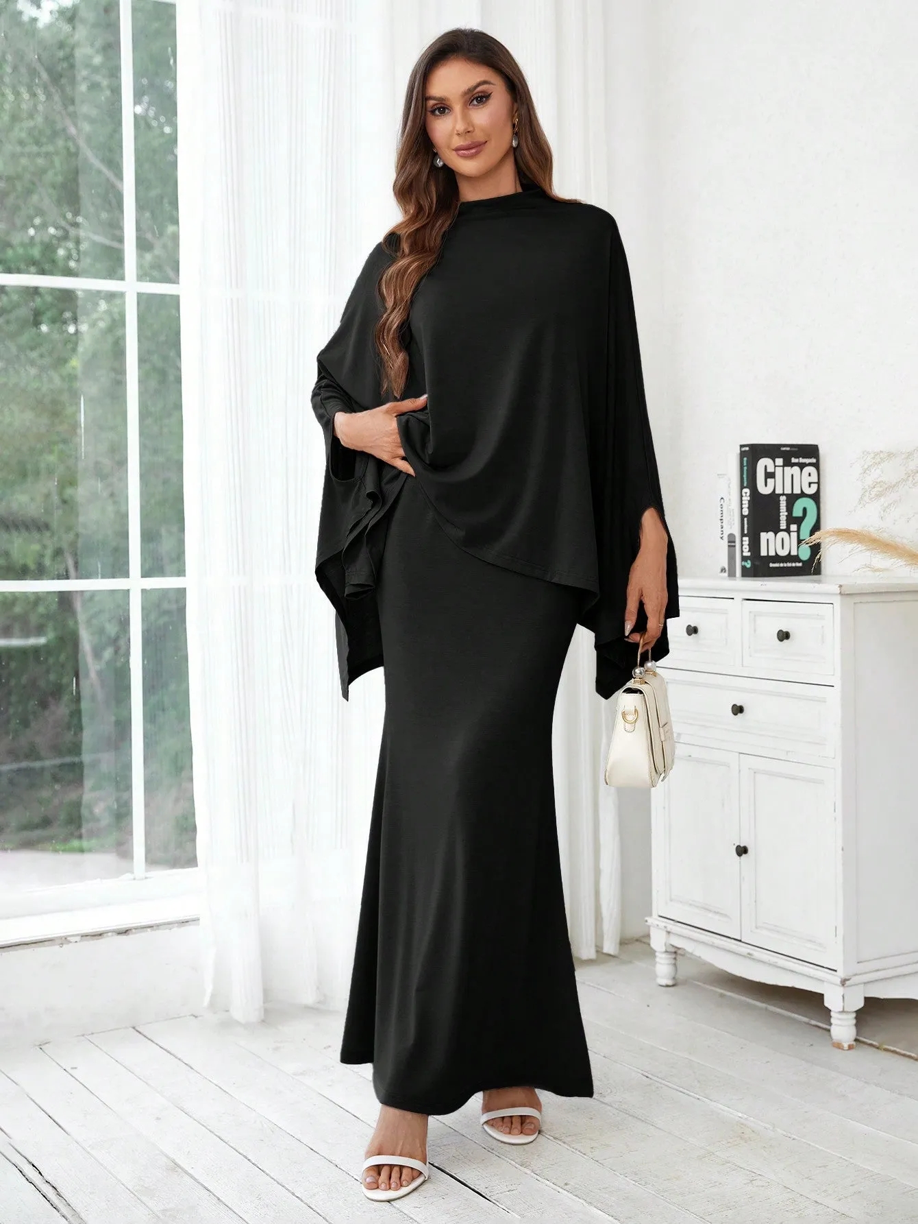 Ladies Solid Color Batwing Sleeve Top And Skirt Set