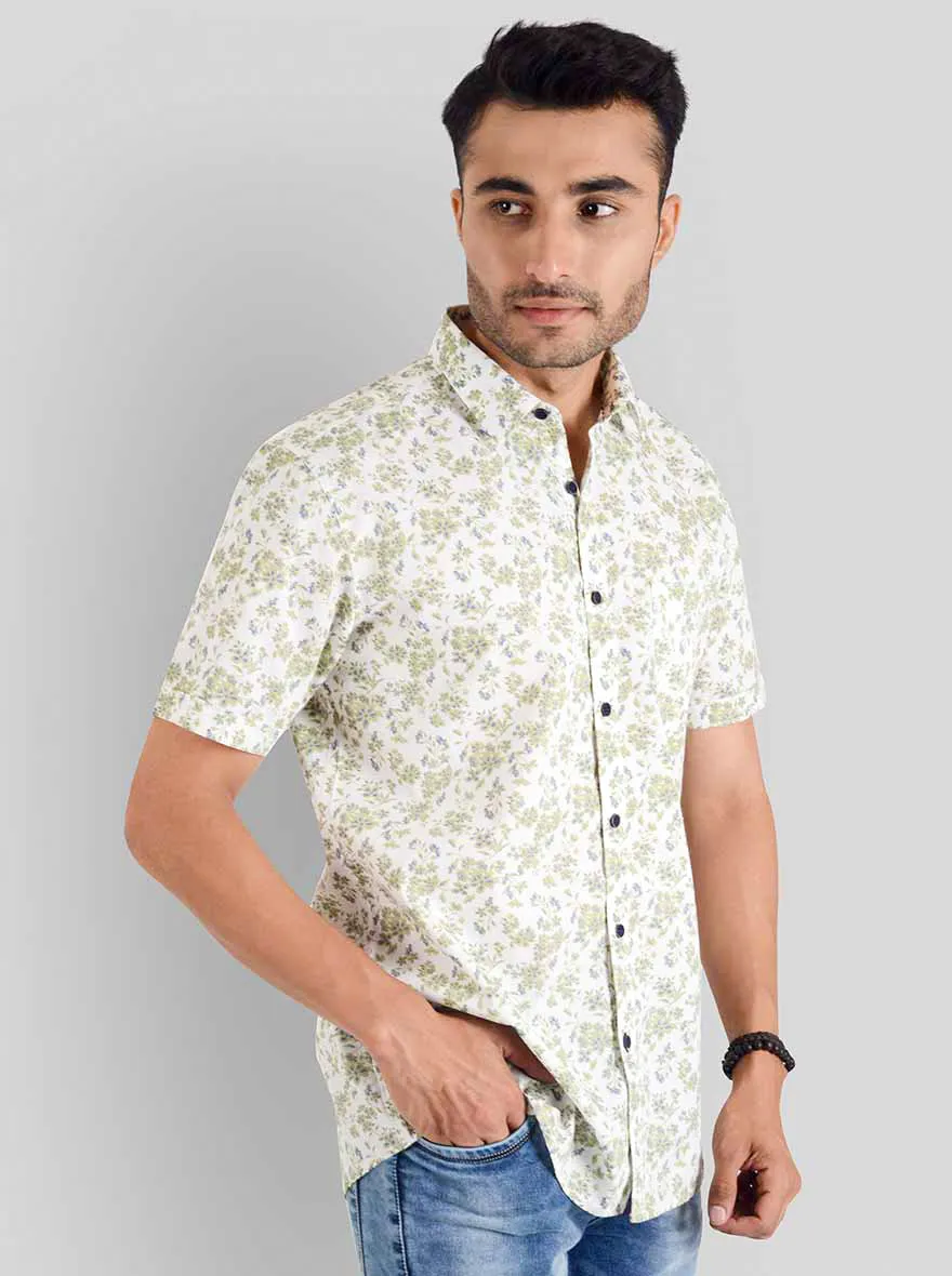 Lake Green & White Printed Slim Fit Casual Shirt | JadeBlue
