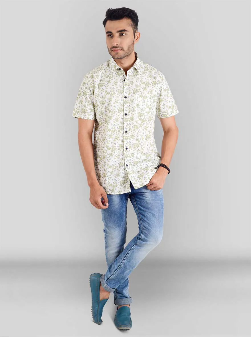 Lake Green & White Printed Slim Fit Casual Shirt | JadeBlue